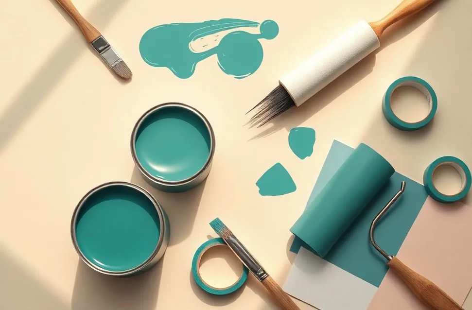 Pots de peinture, nuancier, brosses et rouleaux disposés à plat