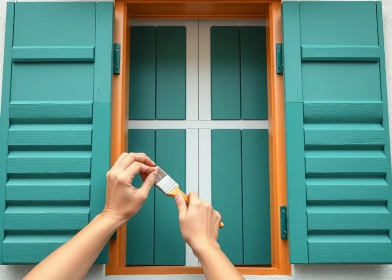Mise en peinture au pinceau de volets et d'encadrements en bois