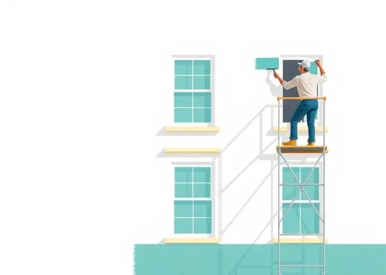 Peintre sur échafaudage traitant la façade d'une maison