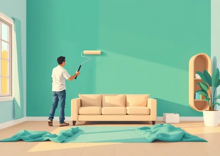 Peintre appliquant la peinture au rouleau sur un mur de salon